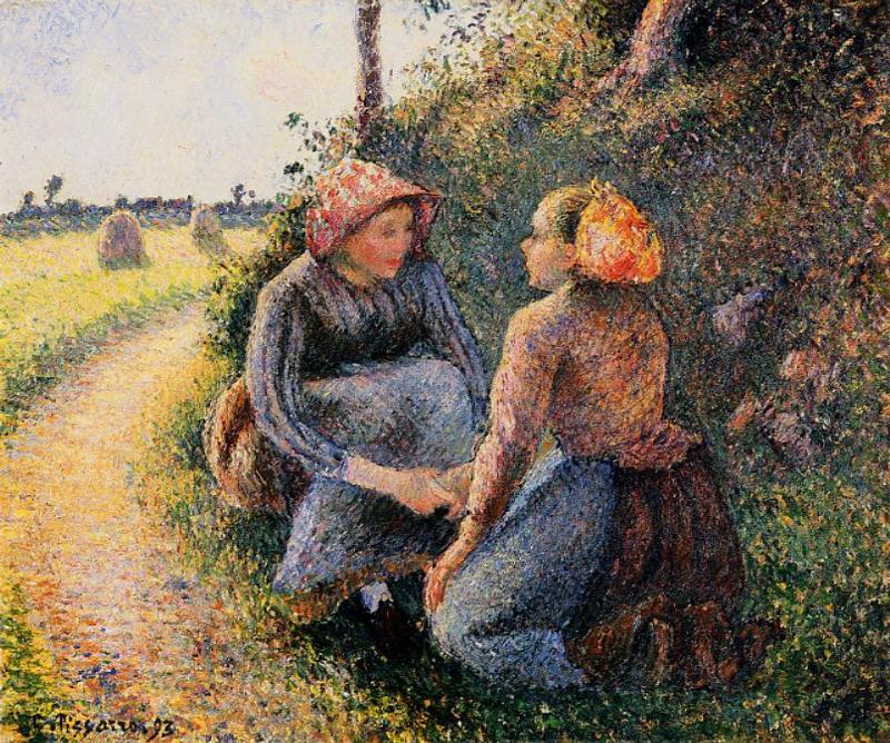 Seated and Kneeling Peasants - Camille Pissarro Paintings